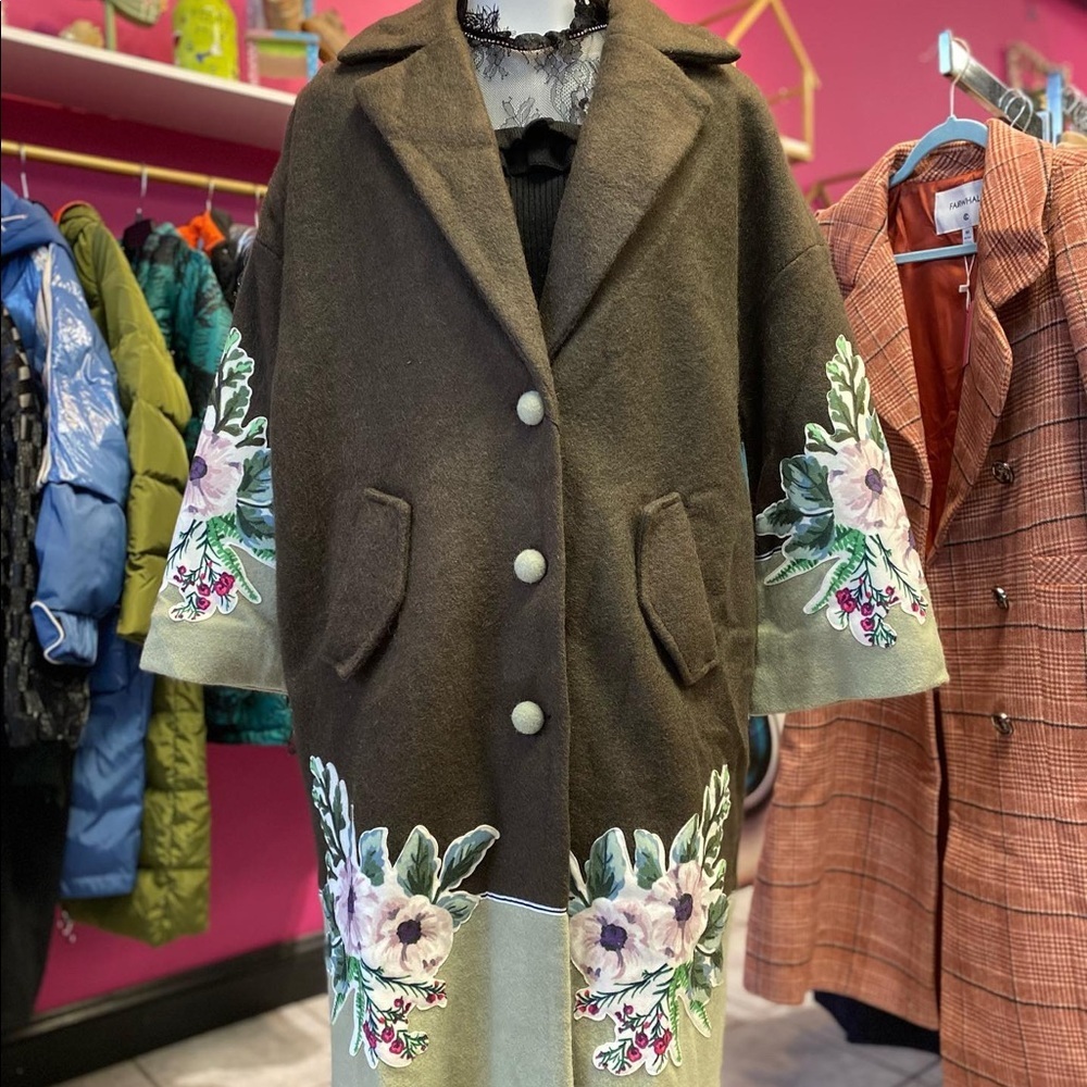 Dark Forest Green Flower Print Wool Coat - Picture 6 of 6